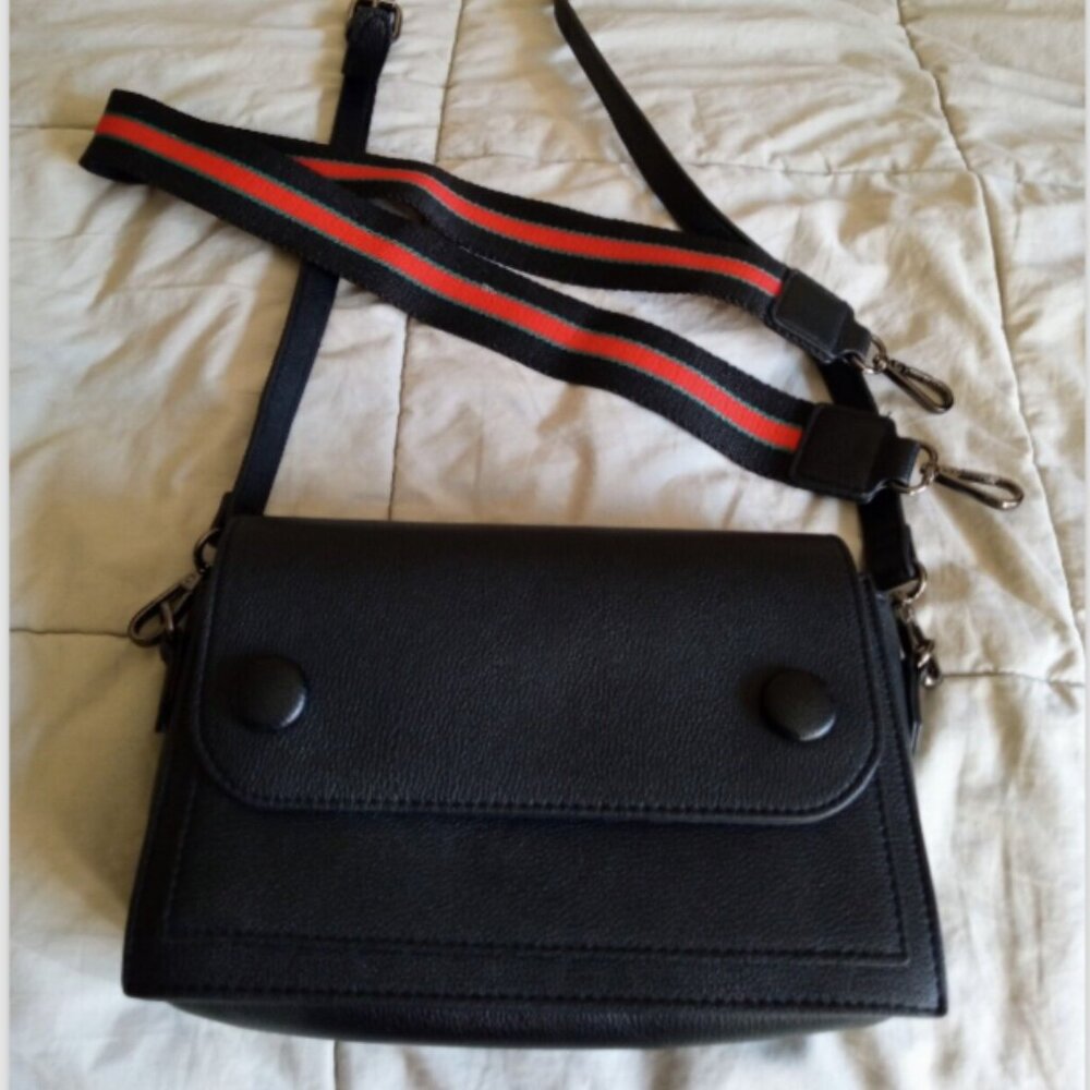 Sondra Roberts Squared Black Leather Crossbody Handbag With Rainbow Straps